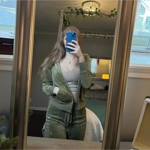 juicy couture velour bedazzled rhinestone green matching pants and jacket set